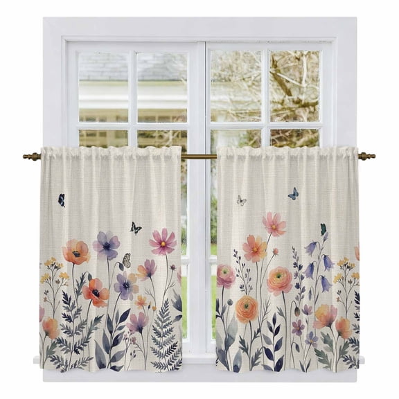 Spring Floral Kitchen Curtain for Berdoom Living Room Cafe 54 Inch Length, Elegant Pastoral Flowers Watercolor Botanical Tiers Curtains Light Filtering Drapes Window Treatment 2 Panels 52"Wx54"L