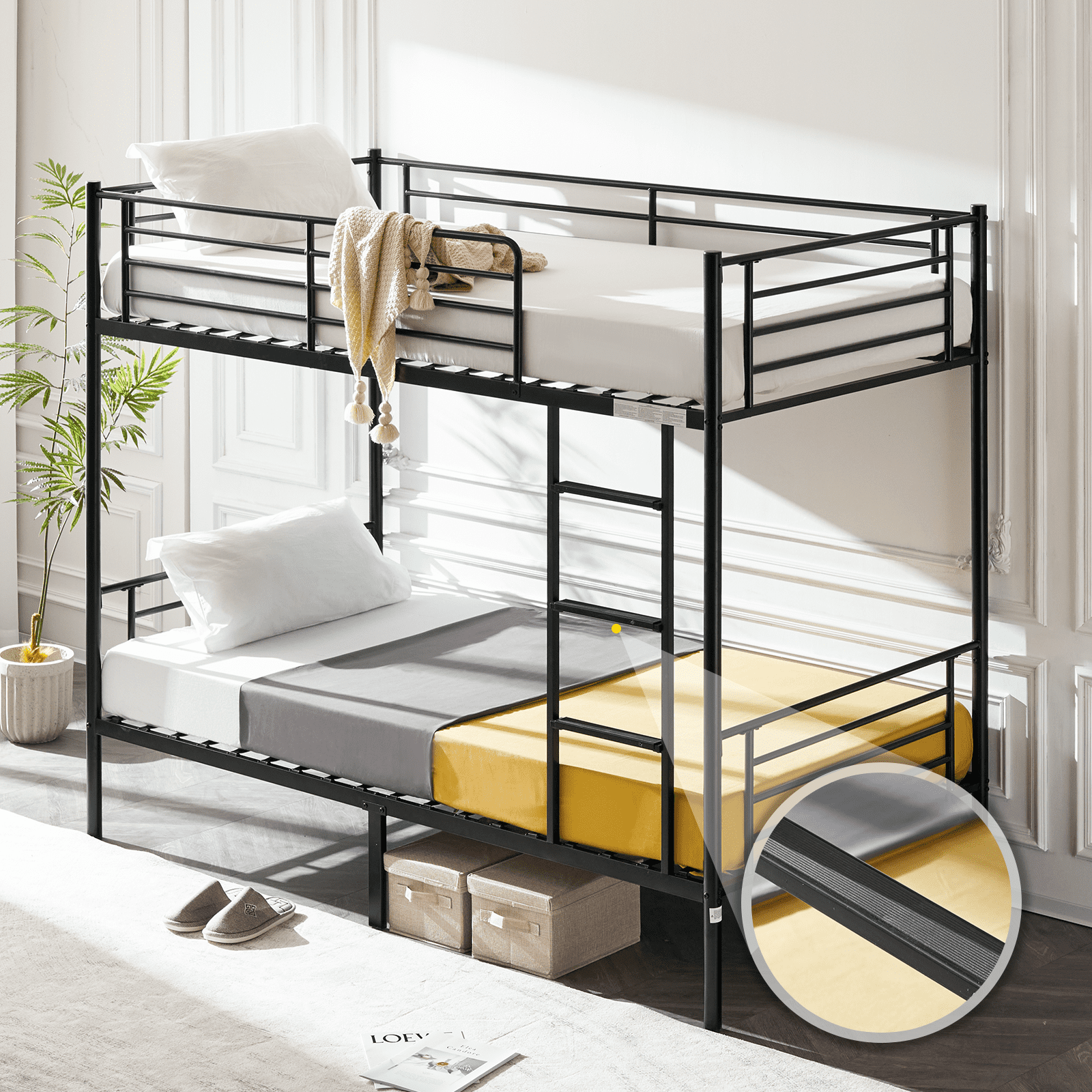 VINGLI Metal Bunk Bed Twin Over Twin with Flat Ladder and High