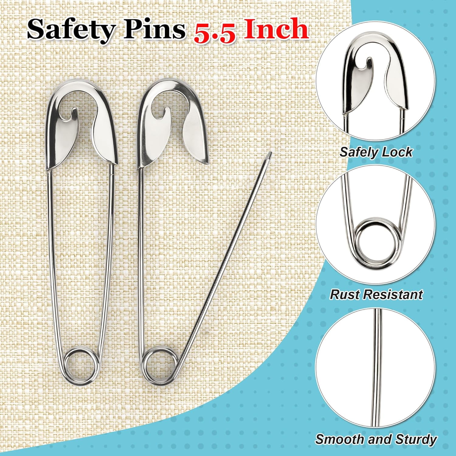 ABCISI 15 Pcs Large Safety Pins, 5.5 Inch Heavy Duty Safety Pins for Thick Fabric, Stainless Steel Giant Safety Pins for Clothes Blankets Crafts and Decorations Outdoor (Silver)