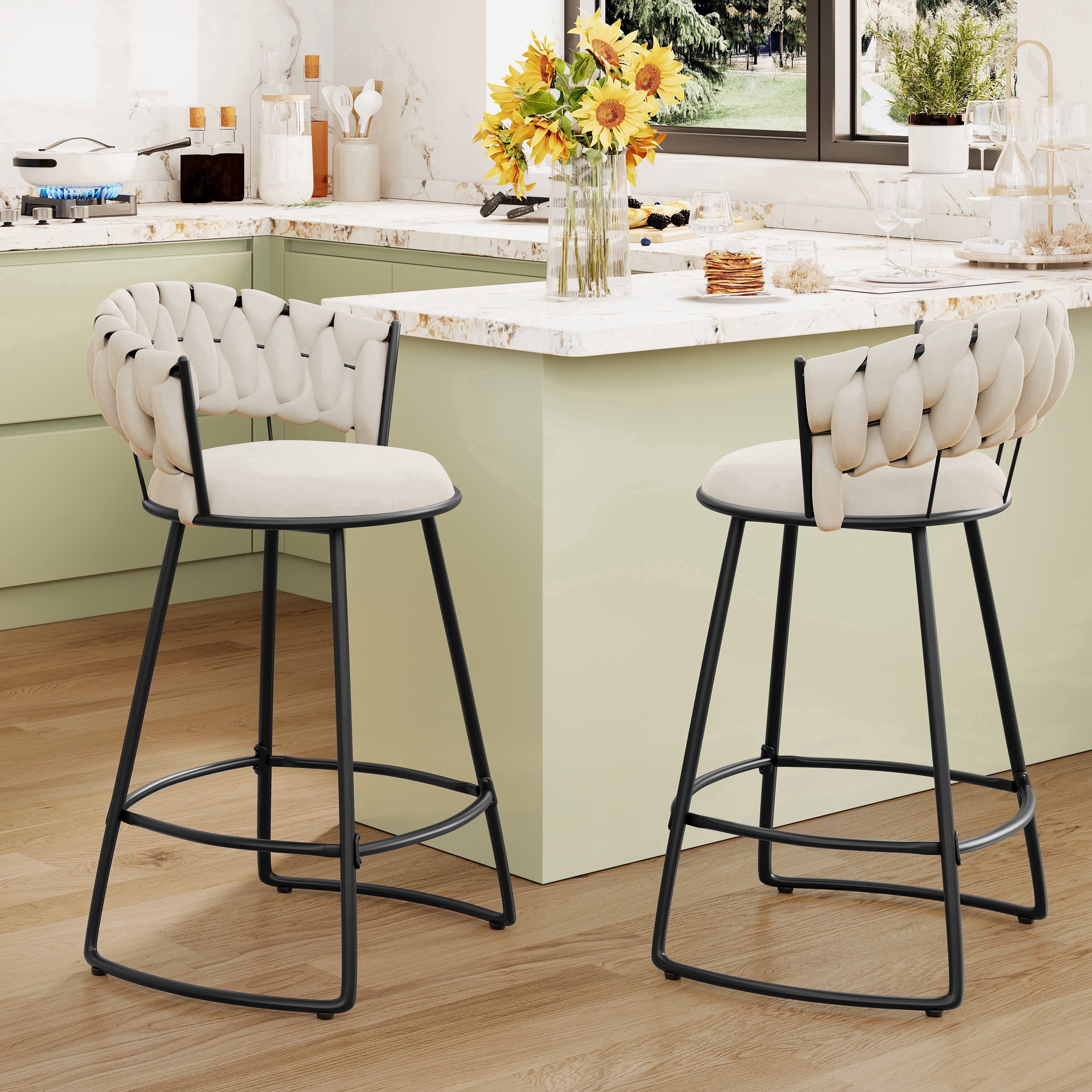 Andeworld 26'' Bar Stools with Woven Back set of 2, Modern Velvet Barstools with Upholstered Seating, Counter Height Barstool in U-Footrest, Ivory