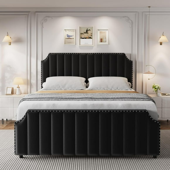 YUSAZENS Queen Metal Platform Bed Frame with Velvet Upholstery, 50.2 Inch Headboard Wooden Slats, No Box Spring, Black