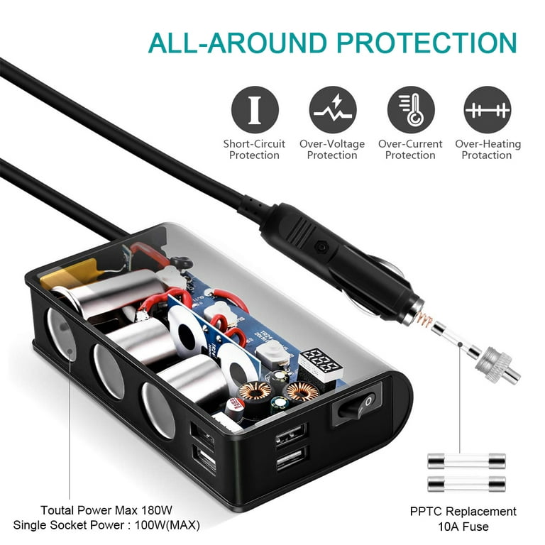 Multi Ports USB Car Charger, 3.0 180W 12V/24V 3-Socket Splitter 4 USB Ports  Car Power Adapter for Smart Phone & Tablets Charging 