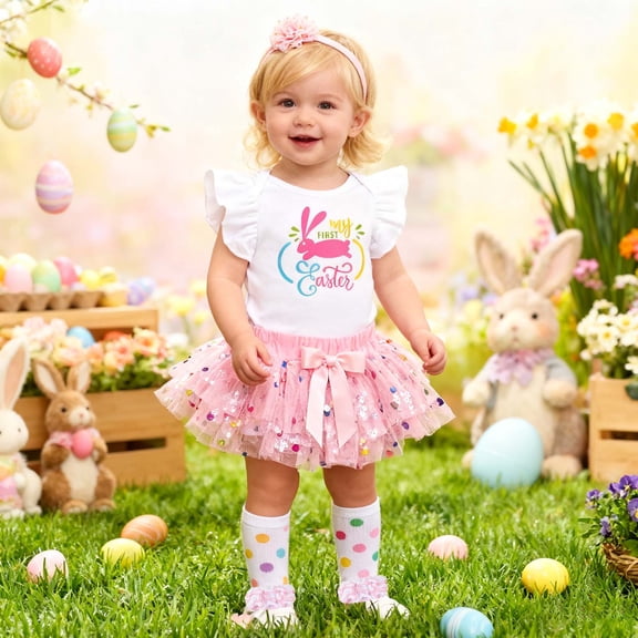 MEZZALL Easter Bunny Print Girls Two Piece Outfits Holiday Party Dress Toddler Baby Girl Cute Coordinated Tops And Shorts Cartoon Playwear Attire Leisure Clothing Sets