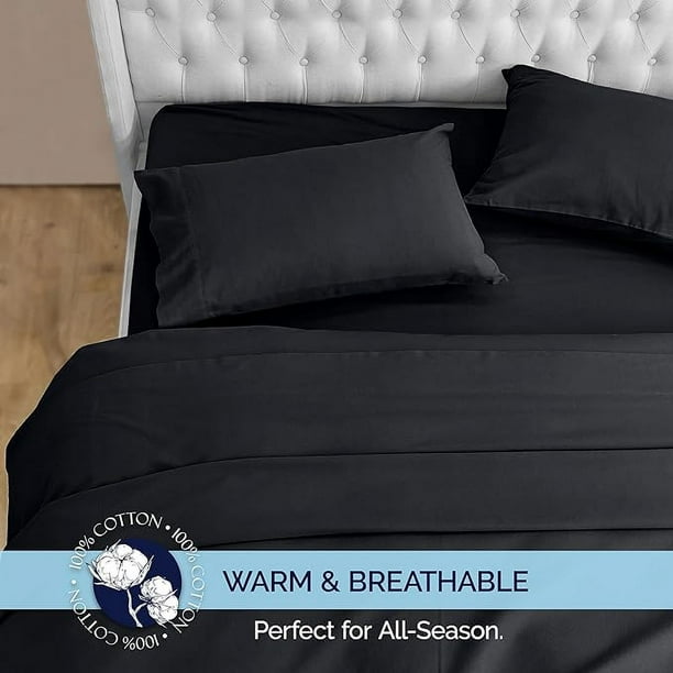 4 Piece Cotton Flannel Sheet Set Deep Pocket Fitted King Black