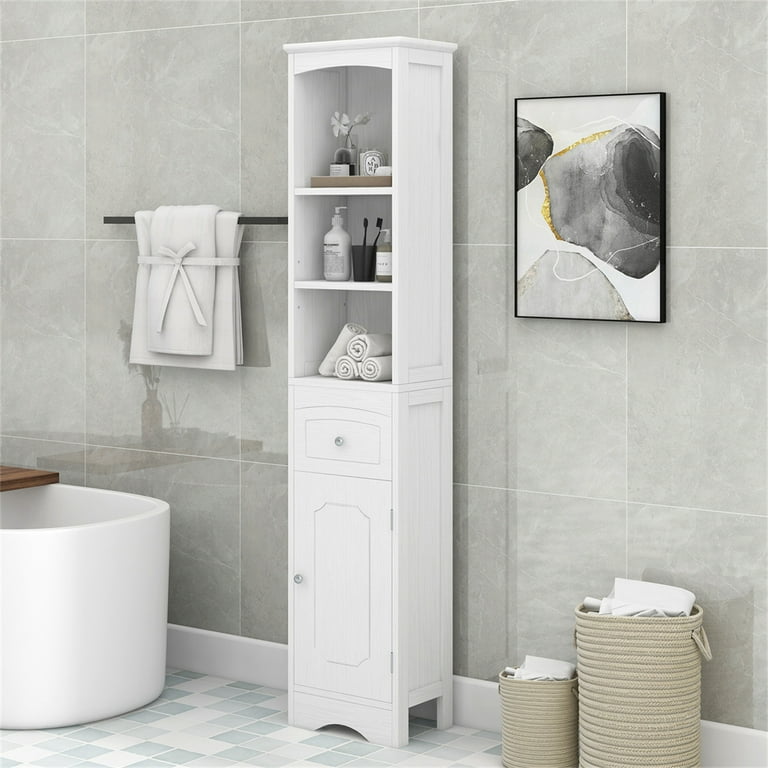 Tall Bathroom Cabinet Slim Storage With Adjule Shelf Freestanding Drawer And 2 Doors Modern Design Linen Tower E Saving White Com