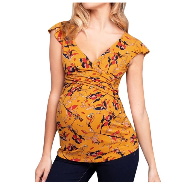 Blouse de Maternité à Col en V Manches Courtes Imprimée à Rayures pour Femmes Enceintes