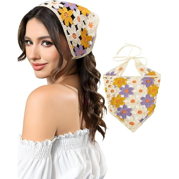 1PC Crochet Head Scarf Hair Bandanas, Women Knit Bandana Headband Scarf, Tie-Back Head Coverings Floral Headscarf for Girls