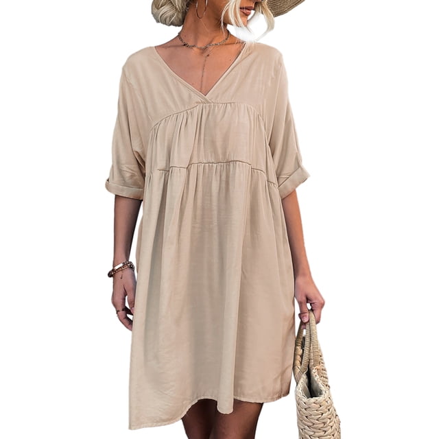 Robe à Manches Courtes Col V, Femmes V Cou Court Femmes Robe à Manches Courtes Robe Multi-Fonctionnelle