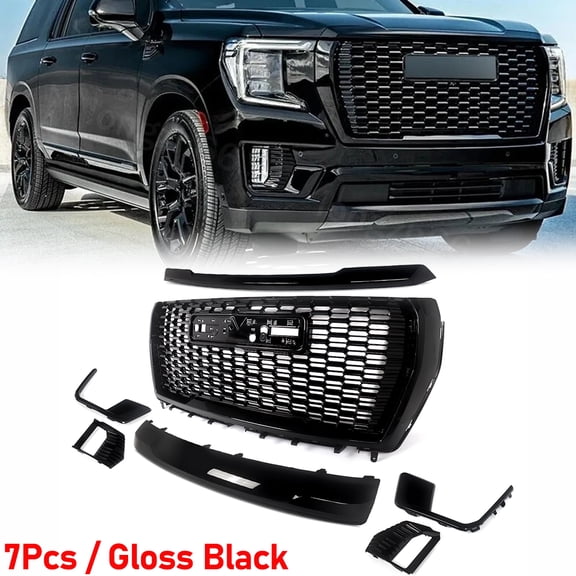 7Pcs For 2021-2024 GMC Yukon/Yukon XL Denali Style Front Bumper Grille & Hood Trim Molding & Fog Light Cover Gloss Black