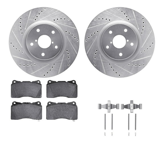 Dynamic Friction Company Front Brake Rotors-Drilled and Slotted-Silver with 5000 Euro Ceramic Brake Pads includes Hardware 7612-13004