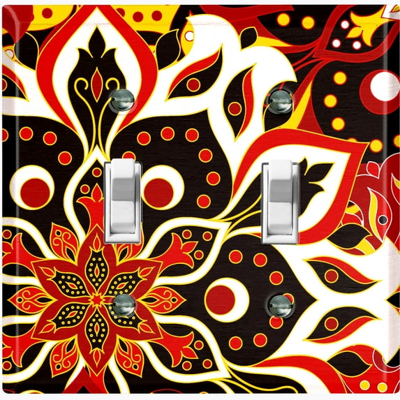 Metal Light Switch Plate Cover Colorful Black Red Mandala Flower Tile Pattern MDL024