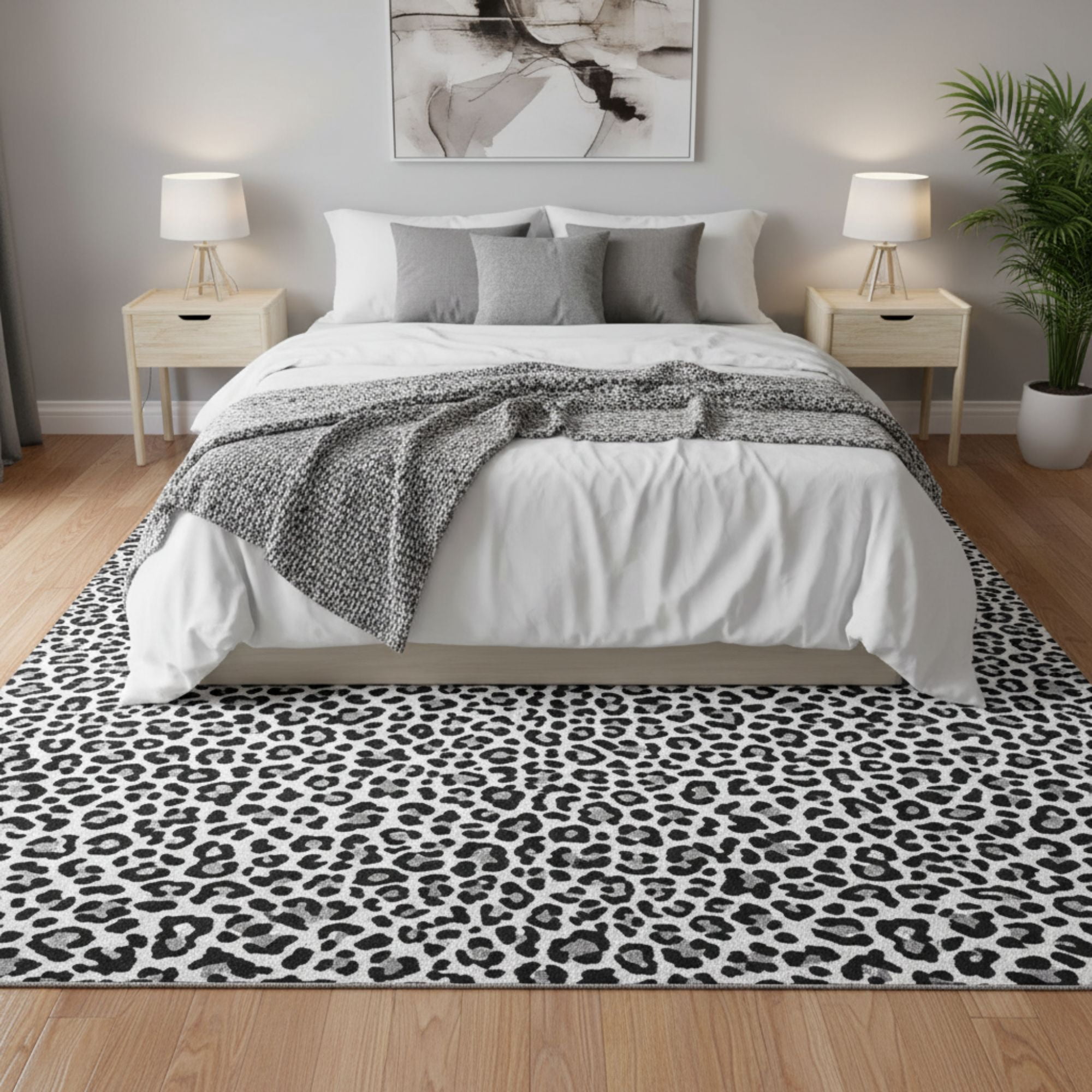 Ottomanson Non-Slip Area Rug 5' x 7'10" Soft Low Pile Bedroom Accent Rug, Leopard Print Black & White