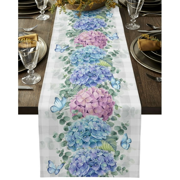 Table Runner Dresser Scarves 70 Inch Long, Hydrangea Flower Butterfly Leaf Linen Dining Table Runners Watercolor Floral on Gray Grid Tabletop Scarf for Wedding Holiday Party Kitchen