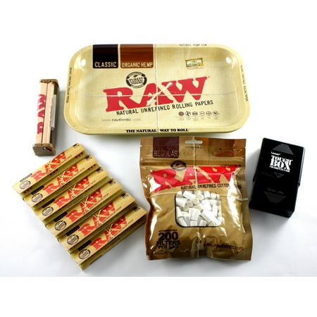 Raw King Size Papers RAW Rolling Tray + 110mm RAW Roller + RAW King Size Rolling Papers + RAW Filter Tips + Laramie Cigarette Case Bundle / Kit ()