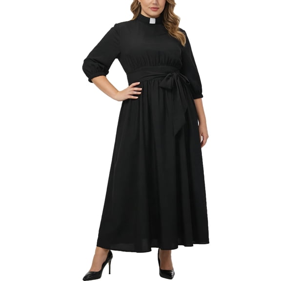 Afinprain Womens 3/4 Sleeve Clergy Maxi Dress with Tie Belt Tab Collar for Minister