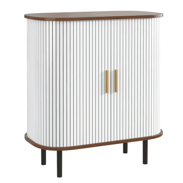 28" Fluted Wine Bar Cabinet with 8-Grid Wine Rack, 5-Level Adjustable Shelves, 2 Glass Holders, Smoothly Sliding Tambour Doors, 4 Hidden Storage Space on the Side, Modern Liquor Coffee Station, White