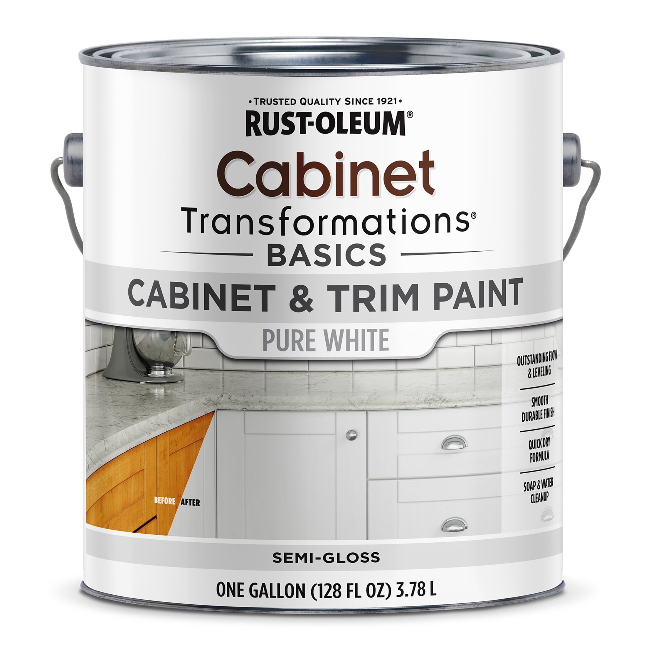 2 Pack, Pure White, Rust-Oleum Cabinet Transformations Basics Semi-Gloss Cabinet and Trim Paint- Gallon