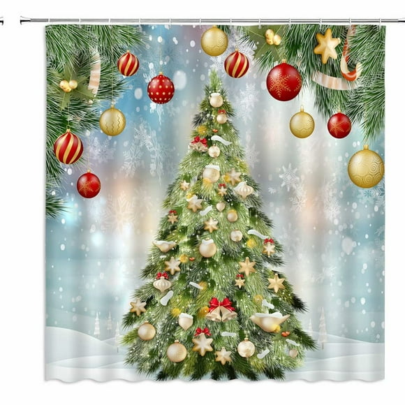 Winter Wonderland Pine Tree Shower Curtain - Snowflake Xmas Bathroom Decor Set with Hooks (70 WX70 H)