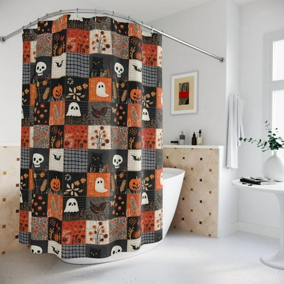 Retro Halloween Theme Shower Curtain, Spooky Bathroom Decor, Dark Aesthetic Bathtub Curtain, Home Renovation Gift, Unique Shower Curtain Gift for Her