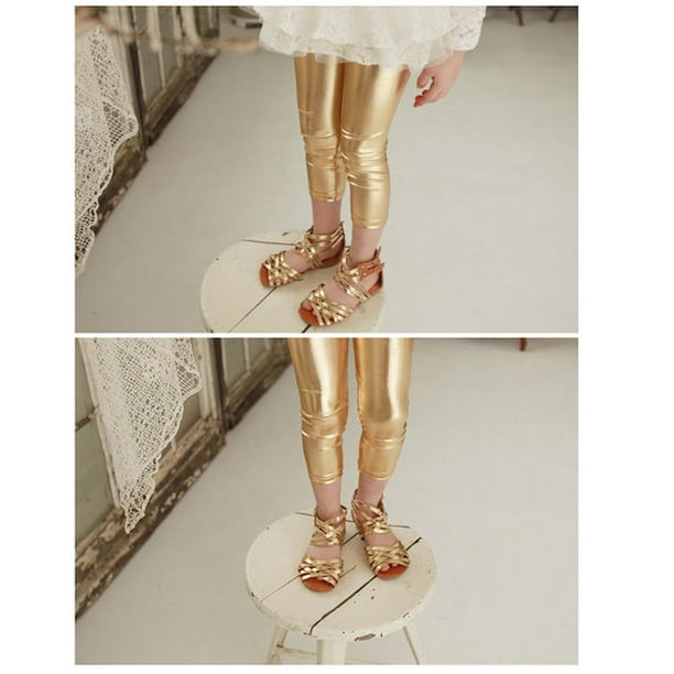 Girls Gold Metal Color Tight Leggings Waterproof Windproof Stain-proof  Ninth Pants Trousers 