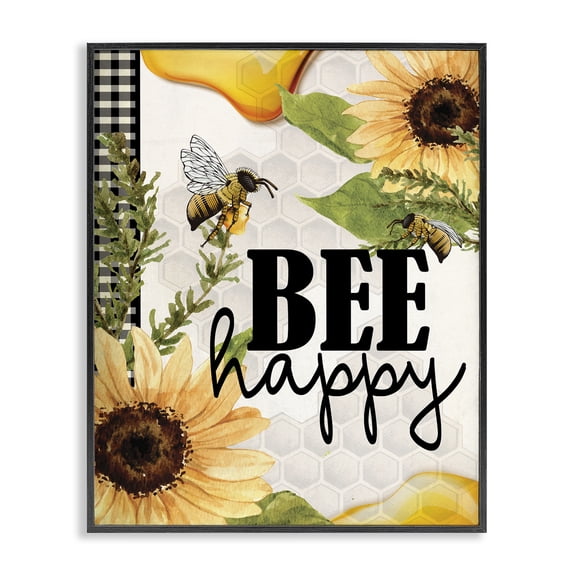 Stupell Industries French Country Bee Happy Sunflower Insect Hive Harvesting Honey Black Framed Giclee Art, 11 x 14, by Kim Allen
