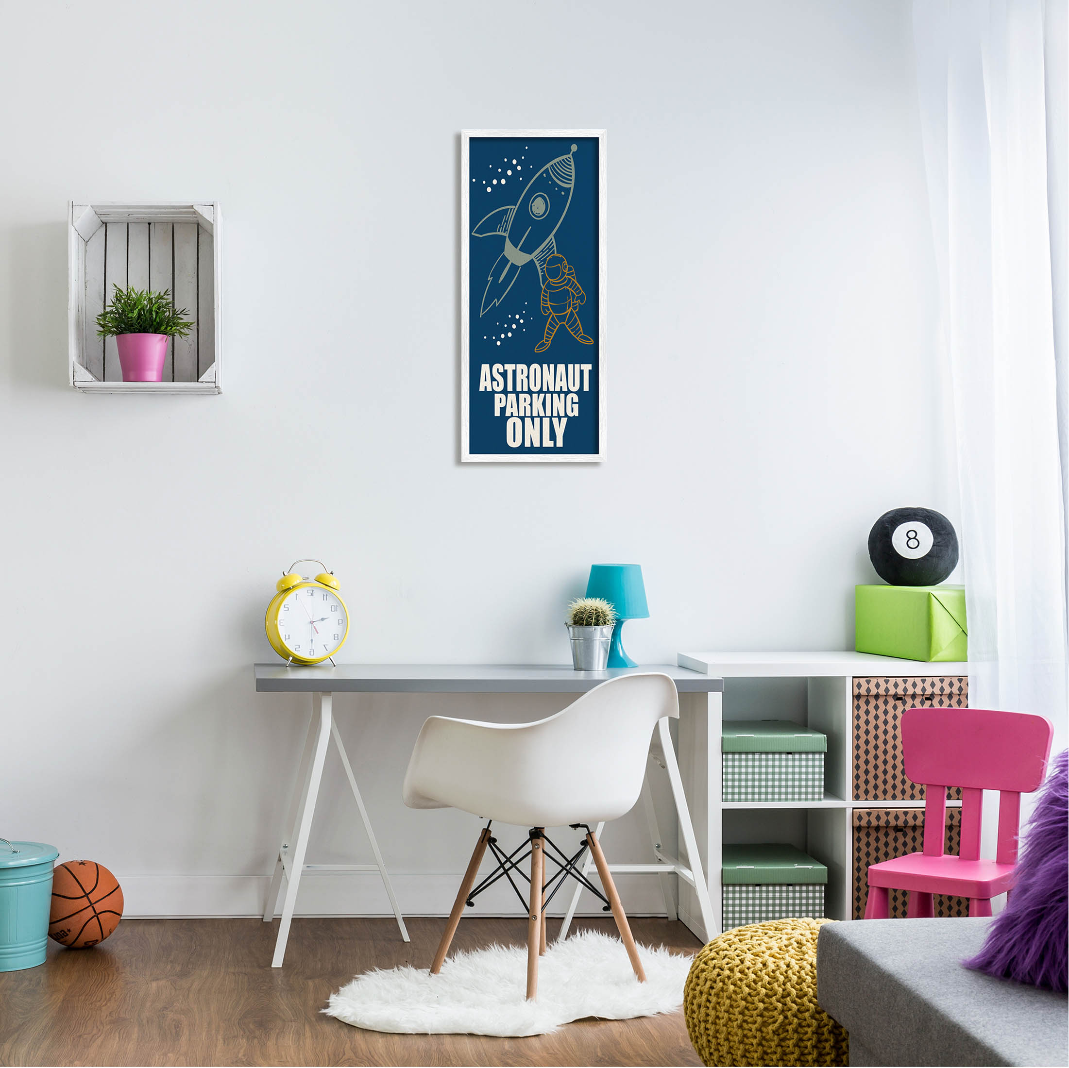 Stupell Industries Astronaut Parking Only Rocket Graphic Art White Framed Art Print Wall Art, Design by Kim Allen