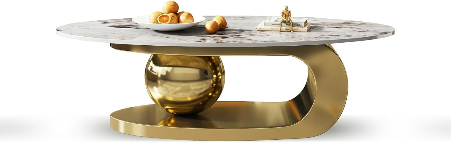 49.2" Modern Oval Marble Coffee Table – Gold Stainless Steel Base, Scratch-Resistant, Easy Assembly