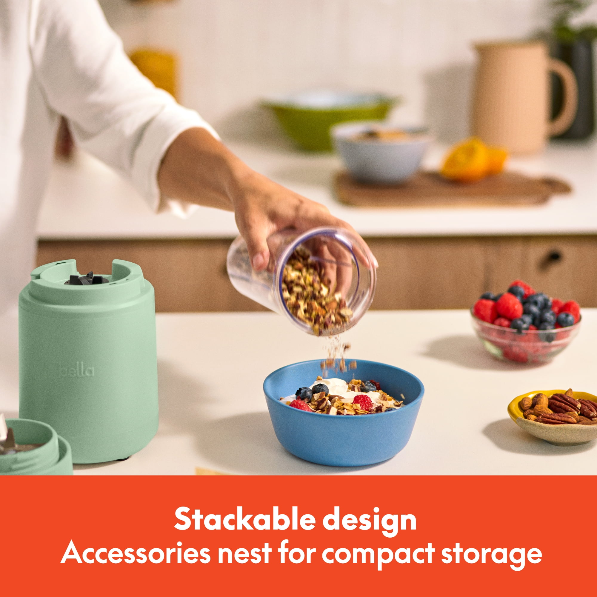 bella 6-Piece Portable Rocket Blender, Personal Smoothie Maker with Durable Stainless Steel Blades, Seaglass