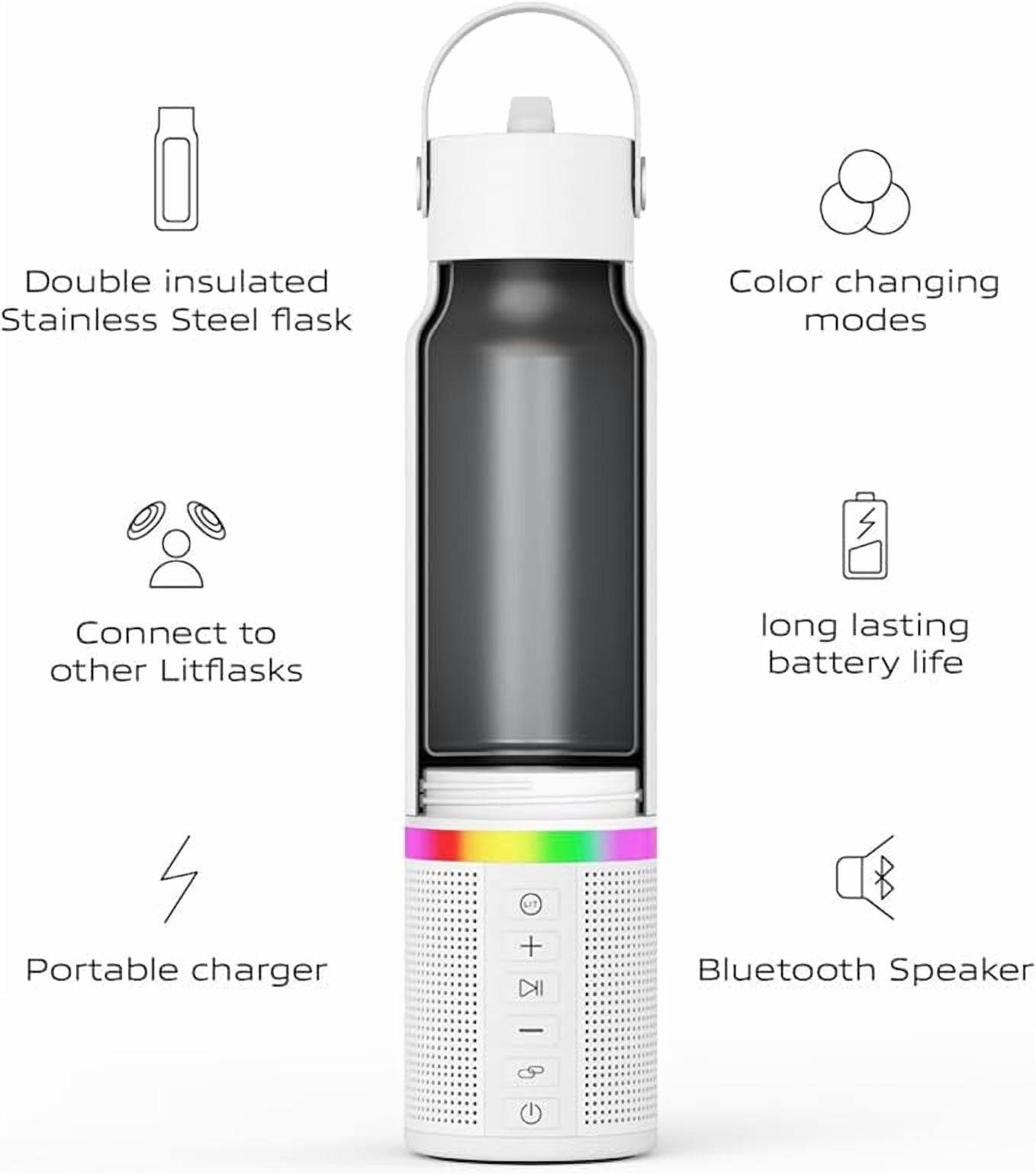 LITFLASK Smart Water Bottle with Premium Bluetooth Speaker, White, Portable Charger, LED Light, Stainless Steel, Mix & Match Colors, 20oz - Oprah's Favorite Things 2024