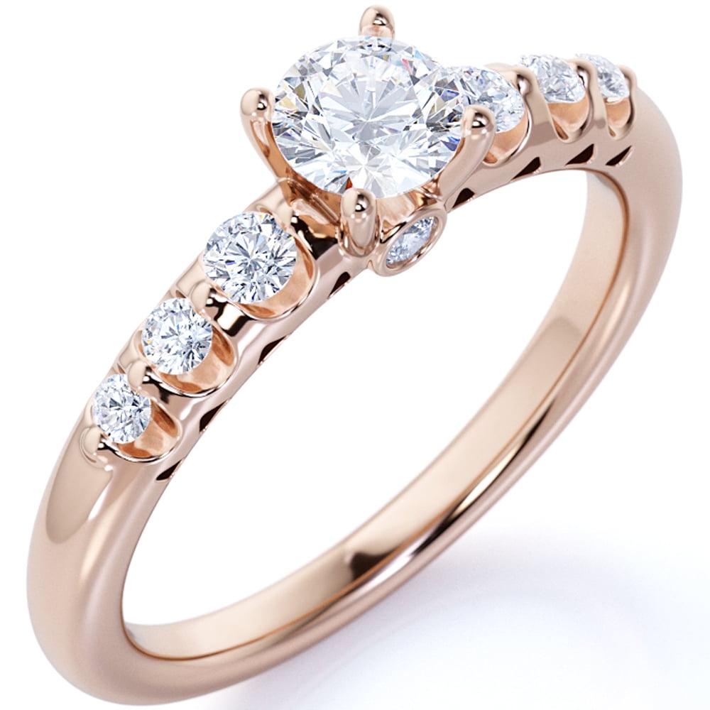 JeenMata 1 Carat - Round Moissanite - Graduated Moissanite Band - 7 Stone Moissanite Wedding Ring in 18K Rose Gold over Silver