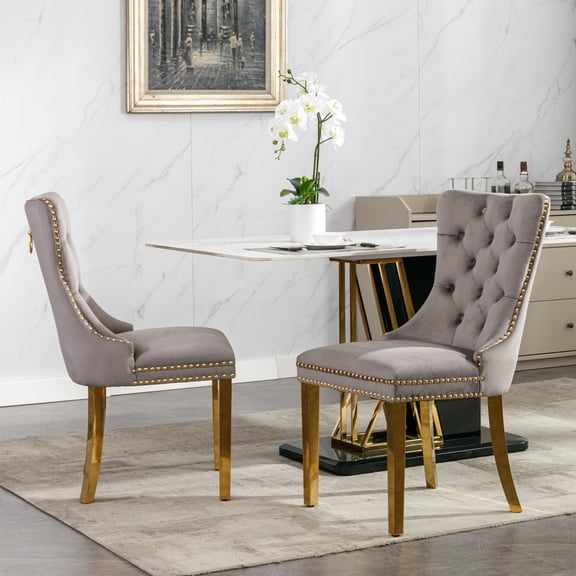Knubmt Set of 2 Velvet Side Chair with Stainless Steel Legs, Upholstered Dining Chair for Living Room, Dining Room, Gray Gold