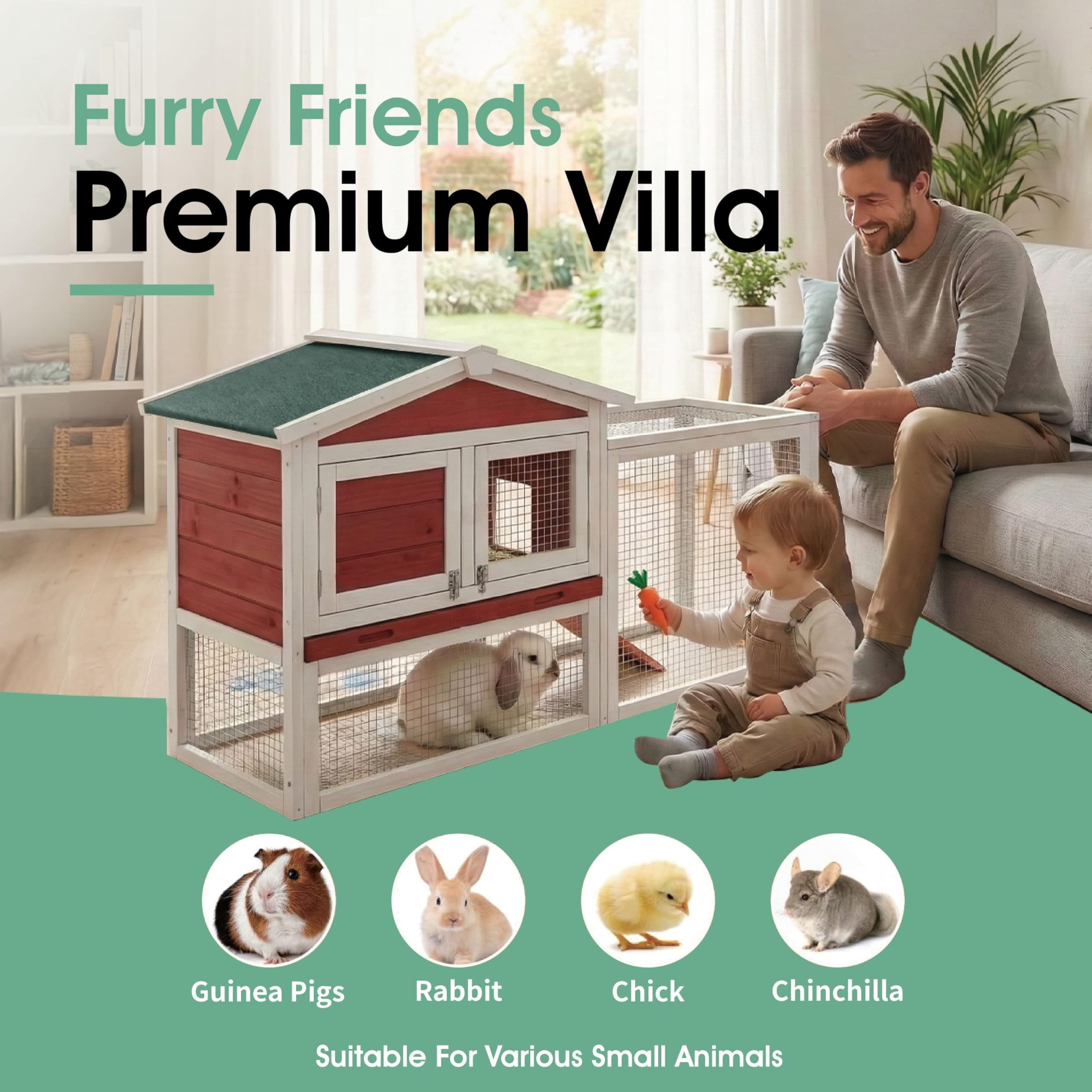 Accreate Weatherproof Wooden Rabbit Hutch, 2-Story Indoor And Outdoor Bunny Cage With Leak-Proof Tray, Removable Wire Netting, And Anti-Chew Metal Ramp For Small Pets