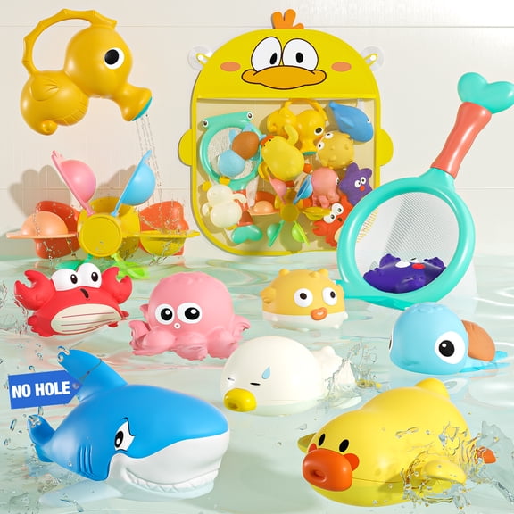 Baby Bath Toy for Kids with Wind-up Duck, Sealed & No Holes Design, Sensory Floating Ocean Animal Toys with Storage Bag and Fishing Net, Gift for Girl Boy 6-18M