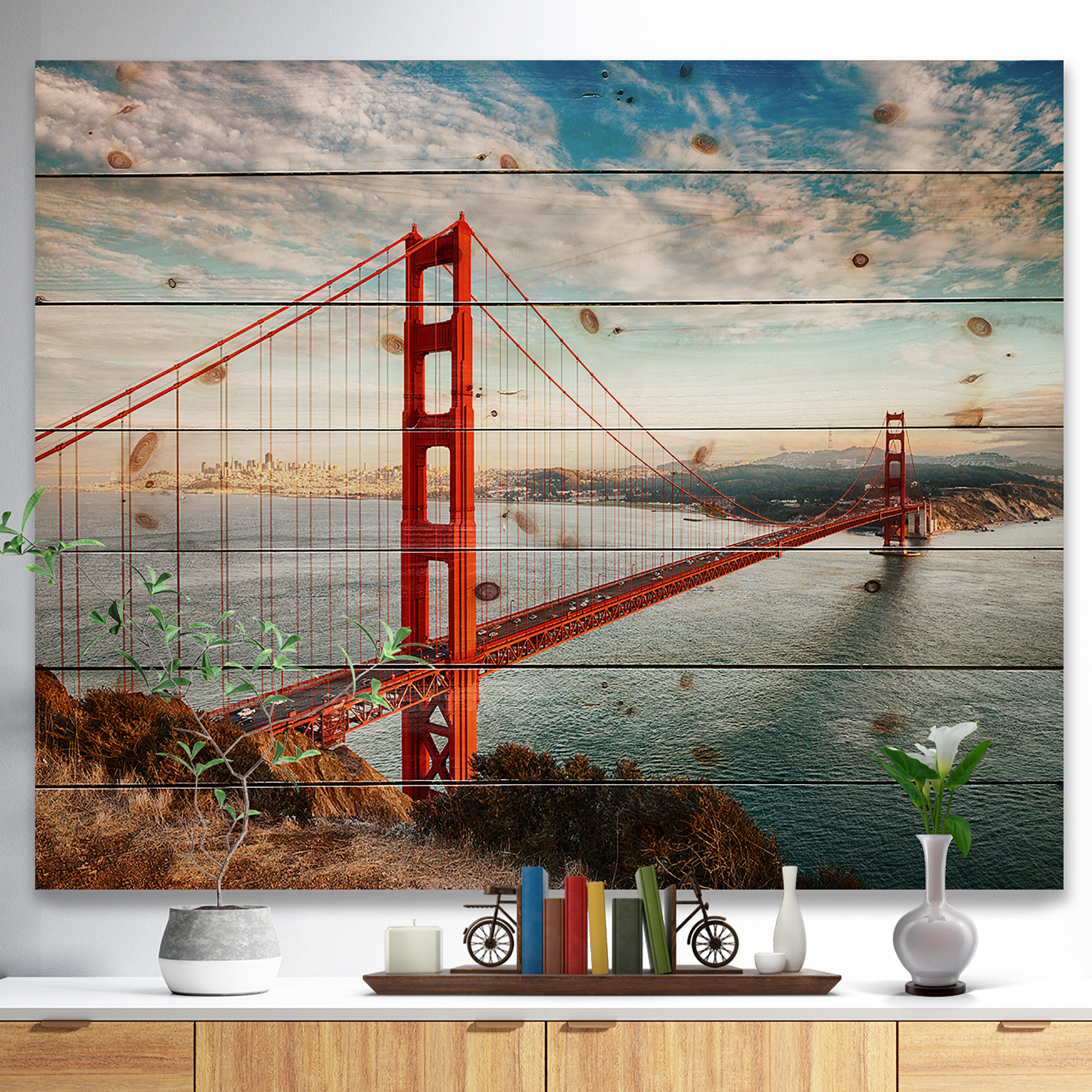 Designart 'Golden Gate Bridge in San Francisco' Sea Bridge Print on Natural Pine Wood