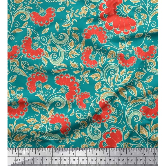 Soimoi Cotton Poplin Fabric Leaves & Floral Artistic Print Fabric by The Yard 56 Inch Wide