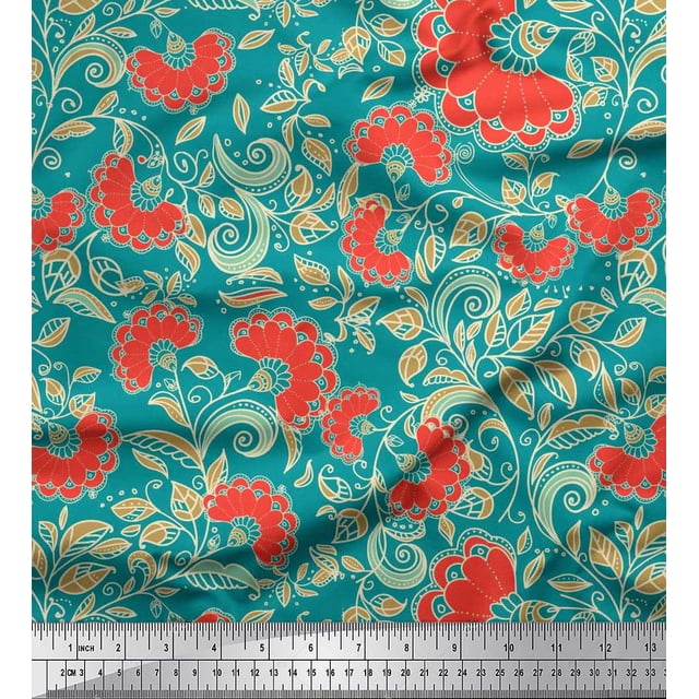 Soimoi Cotton Poplin Fabric Leaves & Floral Artistic Print Fabric by The Yard 56 Inch Wide