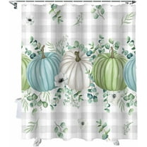 Fall Thanksgiving Shower Curtain, Autumn Pumpkins Eucalyptus Leaves Shower Curtains Set with Hooks, White Blue Green Gray Plaid Waterproof Fabric Bathroom Curtains Decor Accessories,72 X 84 Extra Long