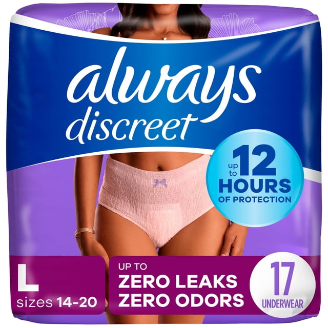 ropa interior para incontinencia y posparto: mujeres siempre discretas paquete Always Discreet grande, vista frontal centrada de una mujer con braga rosa palo; empaque azul y morado indica hasta 12 horas de protección, talla L (14-20) y 17 unidades, tela elástica suave tipo algodón en 4 direcciones que se adapta a la silueta y núcleo superabsorbente que convierte el líquido en gel; a menudo se usa como ropa de reposo posparto por su ajuste cómodo.