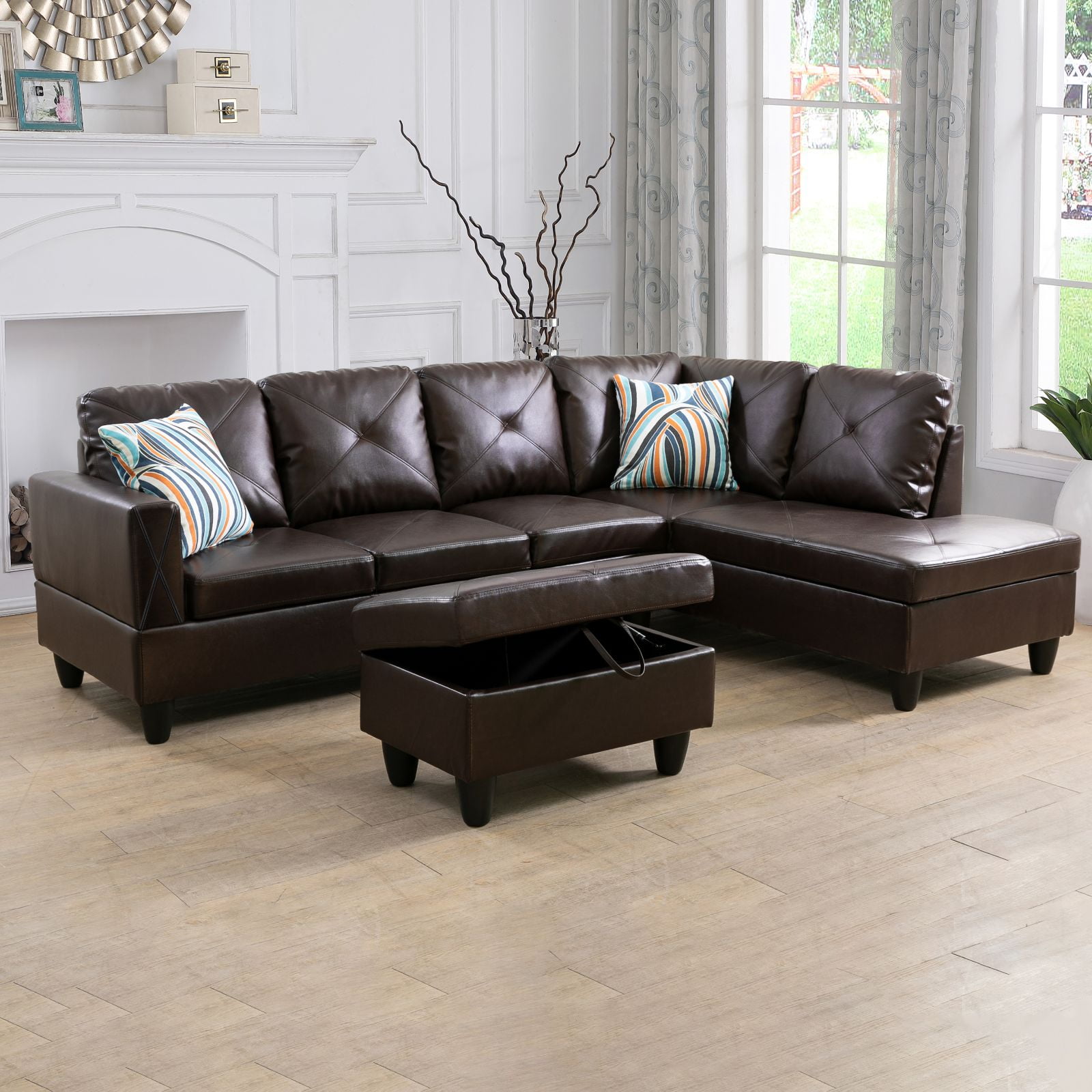 Hommoo Semi PU Synthetic Leather Rectangular Storage Ottoman, Bench Tufted Footrest, Modern Lift Top Pouffe Ottoman for Living Room, Brown