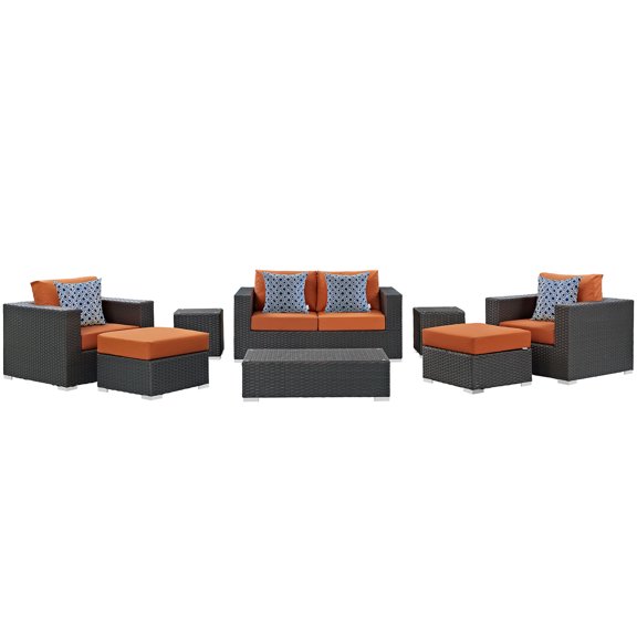 Modern Contemporary Urban Design Outdoor Patio Balcony Eight PCS Sectional Sofa Set, Orange, Rattan