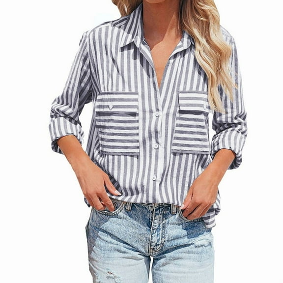 Women'S Striped Button Down Shirts Casual Long Sleeve Stylish V Neck Blouses Tops with Pockets Black L