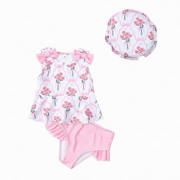 Yindaity Baby Infant Swimsuit Girl Toddler Bathing Suit Girl Summer Beach Bikini Tankini Swimwear Hat Swimsuit Baby Girl(Pink,6-12 Months)