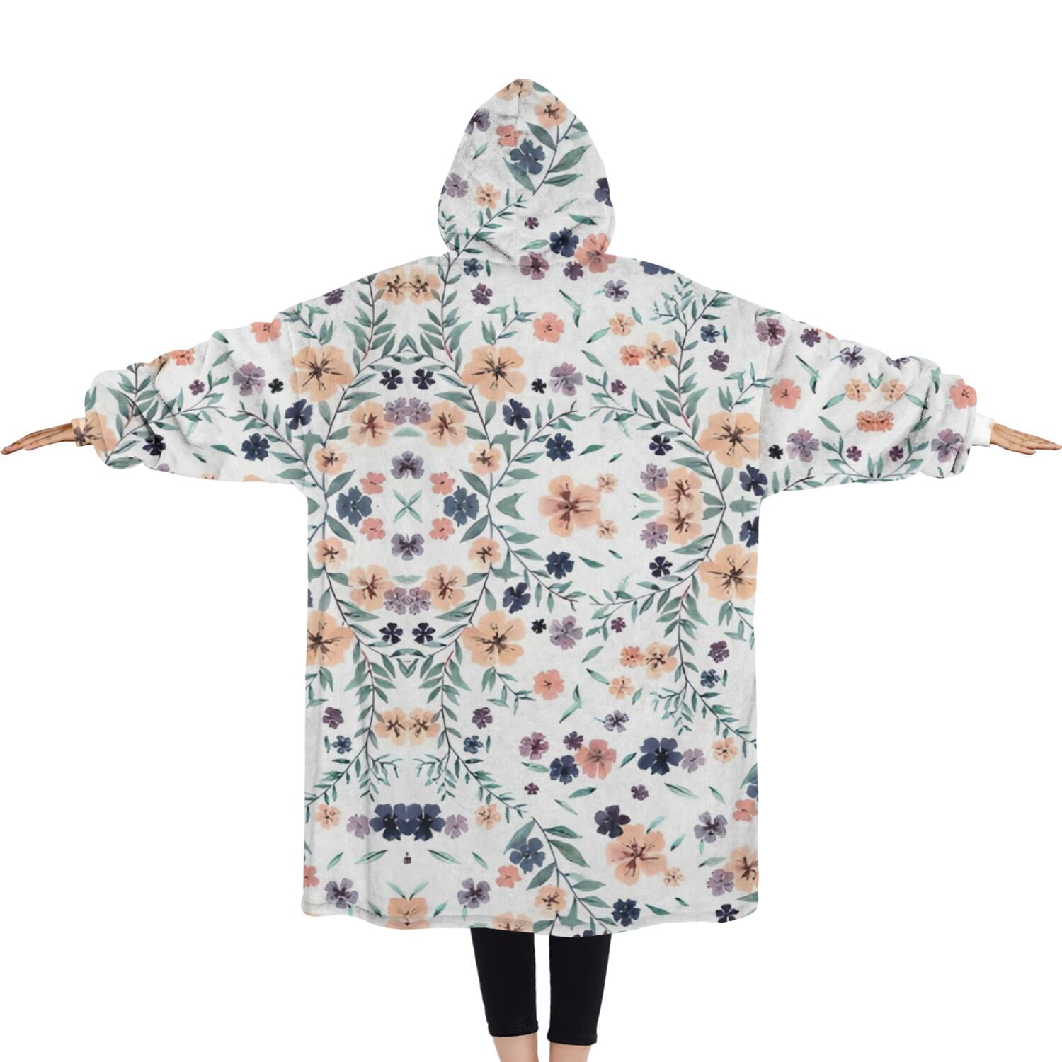 Oversized Wearable Blanket Hoodie,Light Pioneer Flower Pattern Sherpa Blanket Hoodie with Super Pockets,Super Warm Fuzzy Pullover for Women & Men