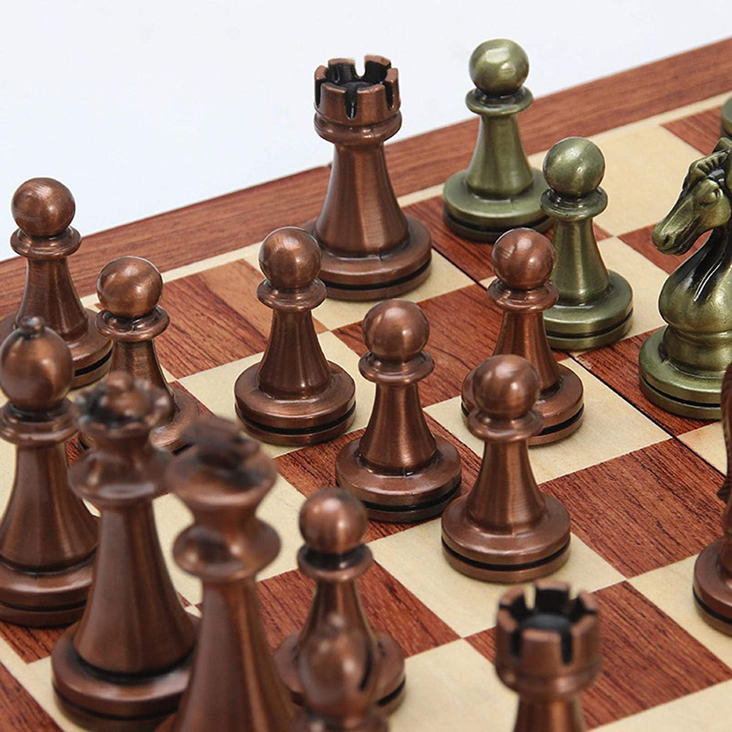 Chess Set, Large Metal Deluxe Retro Copper Plated Alloy Adult Set Board Game Portable Wooden Box Storage Folding -