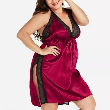 

Suncoda Women Satin Plus Size Slip Lace Babydoll Lingerie Side Slit Strappy Silklike Chemise Sleepwear Nightwear Outfits Vlentines Day Gifts for Women