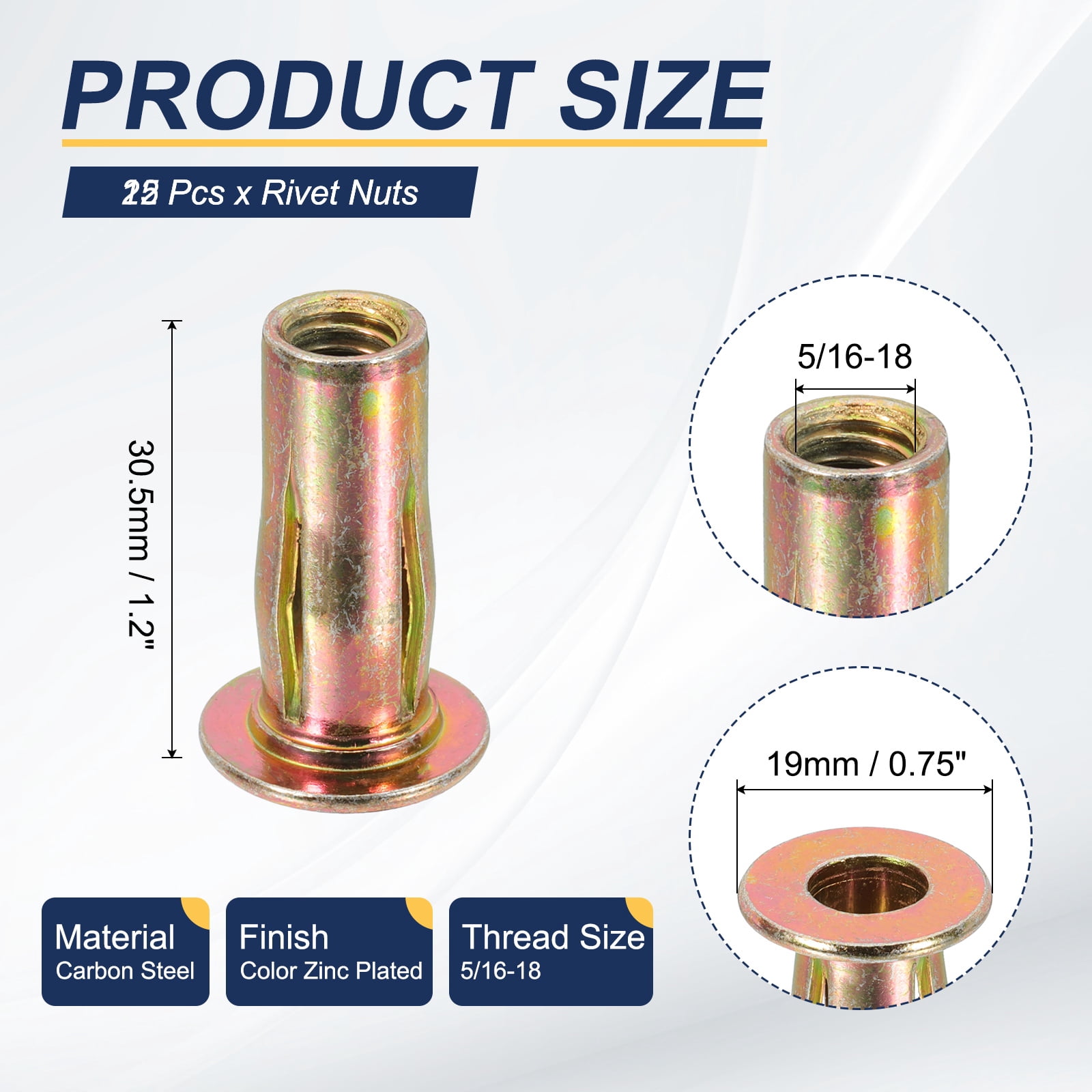 Uxcell 5/16-18 Multi-Grip Rivet Nuts Pre-Bulbed Shank Flat Head Threaded Insert Nuts Carbon Steel Color Zinc Plated, 25 Pcs