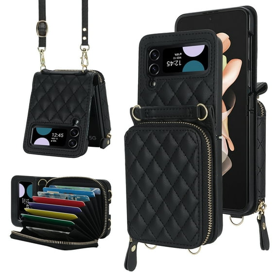Dteck for Samsung Galaxy Z Flip 3 Case with Card Holder RFID Blocking, Crossbody Wallet Case for Z Flip3 with Adjustable Strap, Zipper Purse Leather Handbag Case Compatible with Galaxy Z Flip3,Black