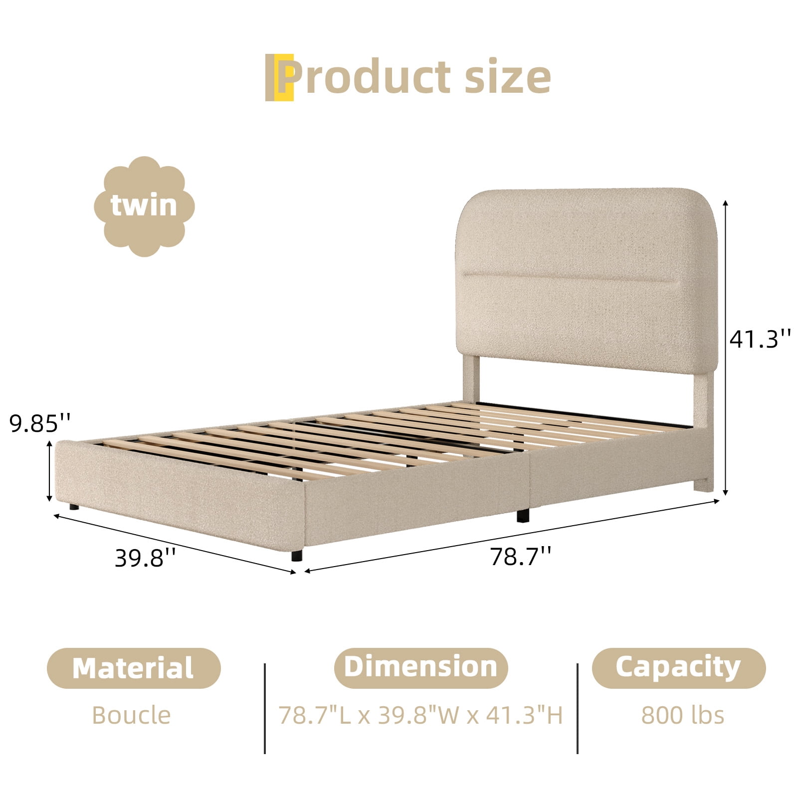 4 EVER WINNER Twin Bed Frame with Headboard, Cloud Boucle Upholstered Platform Bed with Wood Slats, Soft Rounded Corners, No Box Spring Required, Non-Slip and Noise-Free, Easy Assembly, Cream