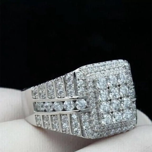 Men's Cluster Engagement Ring 14k White Gold Plated Real 925 Silver 2Ct Round Cut Lab Created Diamond