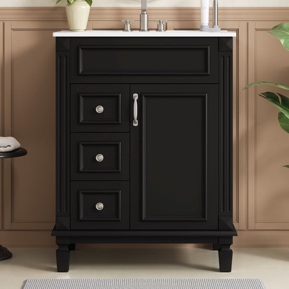 FFZ 24" Bathroom Vanity with Ceramic Sink, Small Bathroom Sink Cabinet, Modern Cabinet with 2 Drawers and Adjustable Shelf